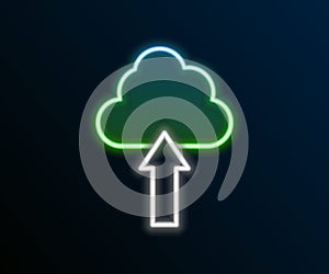 Glowing neon line Cloud upload icon isolated on black background. Colorful outline concept. Vector