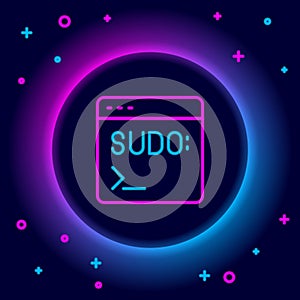 Glowing neon line Code terminal icon isolated on black background. Browser window with command line. Command panel