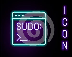 Glowing neon line Code terminal icon isolated on black background. Browser window with command line. Command panel