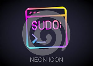 Glowing neon line Code terminal icon isolated on black background. Browser window with command line. Command panel