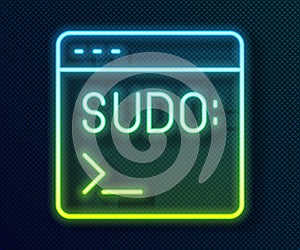 Glowing neon line Code terminal icon isolated on black background. Browser window with command line. Command panel
