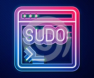 Glowing neon line Code terminal icon isolated on blue background. Browser window with command line. Command panel