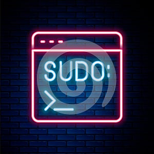 Glowing neon line Code terminal icon isolated on brick wall background. Browser window with command line. Command panel