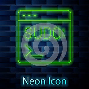 Glowing neon line Code terminal icon isolated on brick wall background. Browser window with command line. Command panel