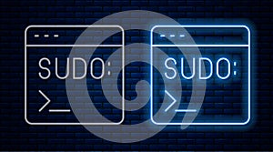 Glowing neon line Code terminal icon isolated on brick wall background. Browser window with command line. Command panel