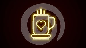 Glowing neon line Coffee cup and heart icon isolated on black background. Couple coffee for lovers on Valentines Day. 4K