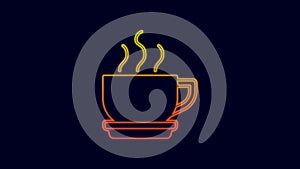 Glowing neon line Coffee cup icon isolated on blue background. Tea cup. Hot drink coffee. 4K Video motion graphic