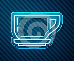 Glowing neon line Coffee cup icon isolated on blue background. Tea cup. Hot drink coffee. Vector Illustration