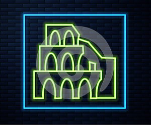 Glowing neon line Coliseum in Rome, Italy icon isolated on brick wall background. Colosseum sign. Symbol of Ancient Rome