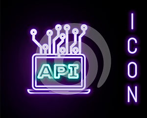 Glowing neon line Computer api interface icon isolated on black background. Application programming interface API