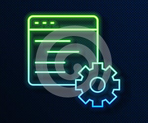 Glowing neon line Computer api interface icon isolated on blue background. Application programming interface API