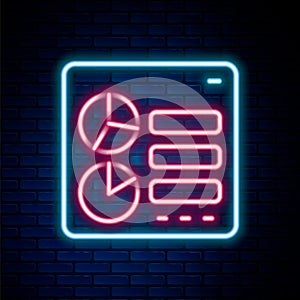 Glowing neon line Computer api interface icon isolated on brick wall background. Application programming interface API