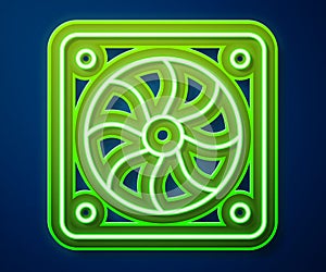 Glowing neon line Computer cooler icon isolated on blue background. PC hardware fan. Vector