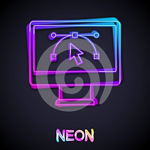 Glowing neon line Computer display with vector design program icon isolated on isolated on black background. Photo