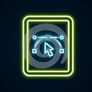 Glowing neon line Computer display with vector design program icon isolated on isolated on black background. Photo