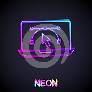 Glowing neon line Computer display with vector design program icon isolated on isolated on black background. Photo
