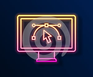 Glowing neon line Computer display with vector design program icon isolated on isolated on black background. Photo