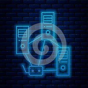 Glowing neon line Computer network icon isolated on brick wall background. Laptop network. Internet connection. Vector