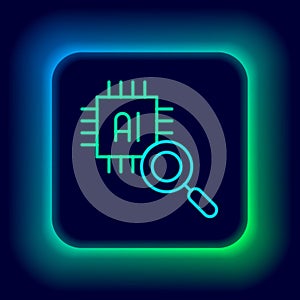 Glowing neon line Computer processor with microcircuits CPU icon isolated on black background. Chip or cpu with circuit