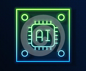 Glowing neon line Computer processor with microcircuits CPU icon isolated on blue background. Chip or cpu with circuit