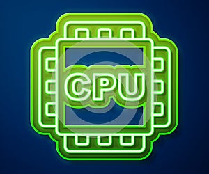 Glowing neon line Computer processor with microcircuits CPU icon isolated on blue background. Chip or cpu with circuit