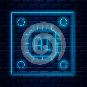 Glowing neon line Computer processor with microcircuits CPU icon isolated on brick wall background. Chip or cpu with circuit board