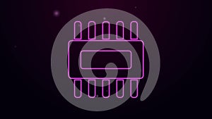 Glowing neon line Computer processor with microcircuits CPU icon isolated on purple background. Chip or cpu with circuit