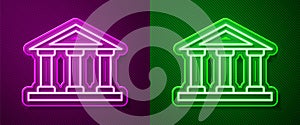Glowing neon line Courthouse building icon isolated on purple and green background. Building bank or museum. Vector