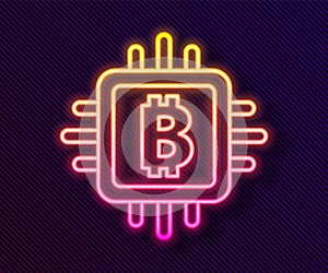 Glowing neon line CPU mining farm icon isolated on black background. Bitcoin sign inside processor. Cryptocurrency