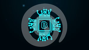 Glowing neon line CPU mining farm icon isolated on black background. Bitcoin sign inside processor. Cryptocurrency