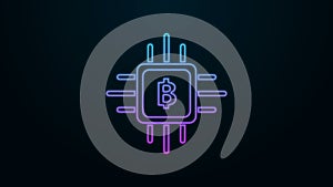 Glowing neon line CPU mining farm icon isolated on black background. Bitcoin sign inside processor. Cryptocurrency