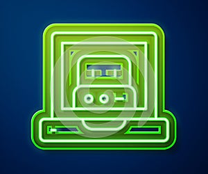 Glowing neon line Creating robot icon isolated on blue background. Artificial intelligence, machine learning, cloud