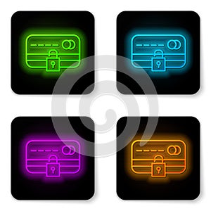 Glowing neon line Credit card with lock icon isolated on white background. Locked bank card. Security, safety