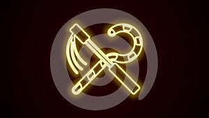 Glowing neon line Crook and flail icon isolated on black background. Ancient Egypt symbol. Scepters of egypt. 4K Video