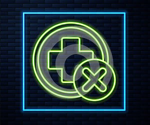 Glowing neon line Cross hospital medical icon isolated on brick wall background. First aid. Diagnostics symbol. Medicine