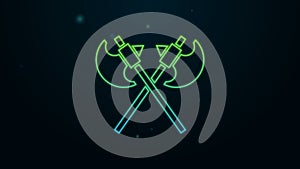 Glowing neon line Crossed medieval axes icon isolated on black background. Battle axe, executioner axe. Medieval weapon