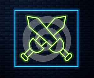 Glowing neon line Crossed medieval sword icon isolated on brick wall background. Medieval weapon. Vector