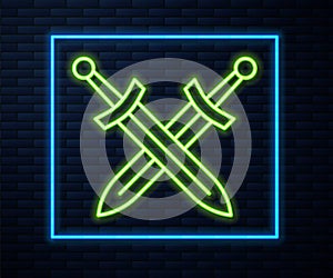 Glowing neon line Crossed medieval sword icon isolated on brick wall background. Medieval weapon. Vector