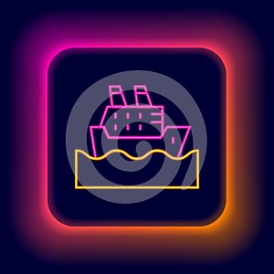 Glowing neon line Cruise ship in ocean icon isolated on black background. Cruising the world. Colorful outline concept
