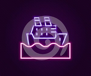 Glowing neon line Cruise ship in ocean icon isolated on black background. Cruising the world. Colorful outline concept