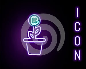 Glowing neon line Cryptocurrency key icon isolated on black background. Concept of cyber security or private key