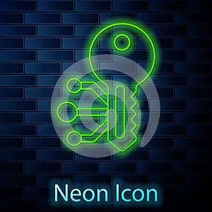 Glowing neon line Cryptocurrency key icon isolated on brick wall background. Concept of cyber security or private key