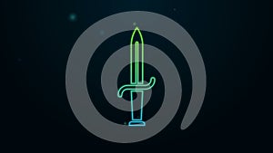 Glowing neon line Dagger icon isolated on black background. Knife icon. Sword with sharp blade. 4K Video motion graphic