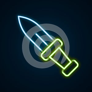 Glowing neon line Dagger icon isolated on black background. Knife icon. Sword with sharp blade. Colorful outline concept
