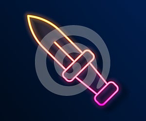 Glowing neon line Dagger icon isolated on black background. Knife icon. Sword with sharp blade. Vector