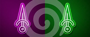 Glowing neon line Dagger icon isolated on purple and green background. Knife icon. Sword with sharp blade. Vector