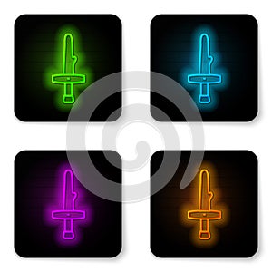 Glowing neon line Dagger icon isolated on white background. Knife icon. Sword with sharp blade. Black square button