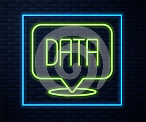 Glowing neon line Data analysis icon isolated on brick wall background. Business data analysis process, statistics