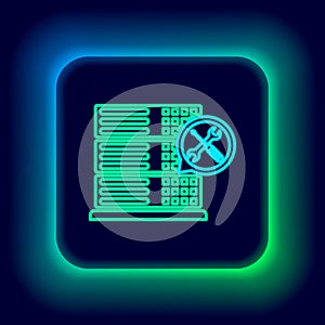 Glowing neon line Database server with screwdriver and wrench icon isolated on black background. Adjusting, service