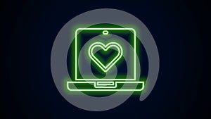 Glowing neon line Dating app online laptop concept icon isolated on black background. Female male profile flat design